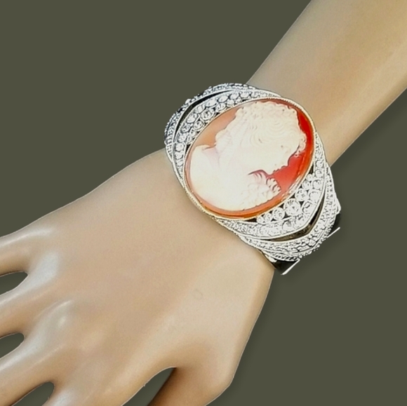 Amedeo NYC Cameo Rhinestone Gold Tone Cuff Bracelet - Picture 2 of 16